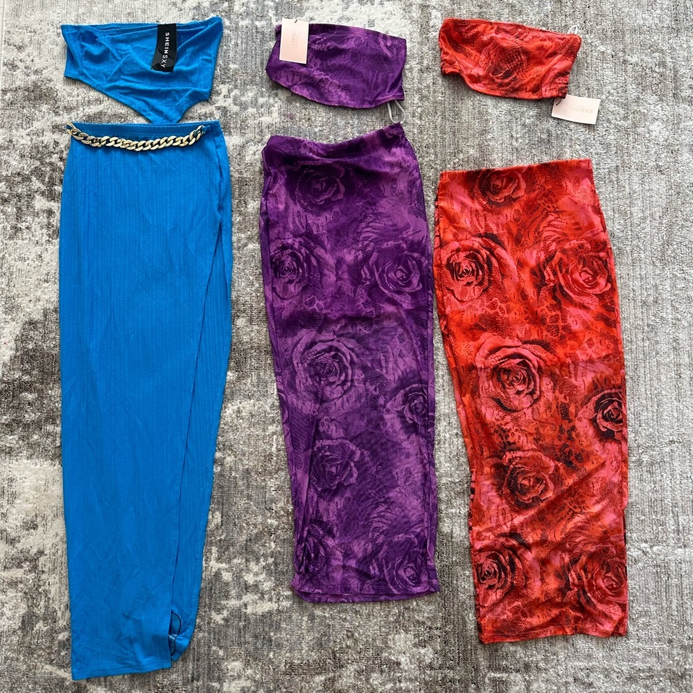 3 two piece sets skirt and top, brand new, sz small